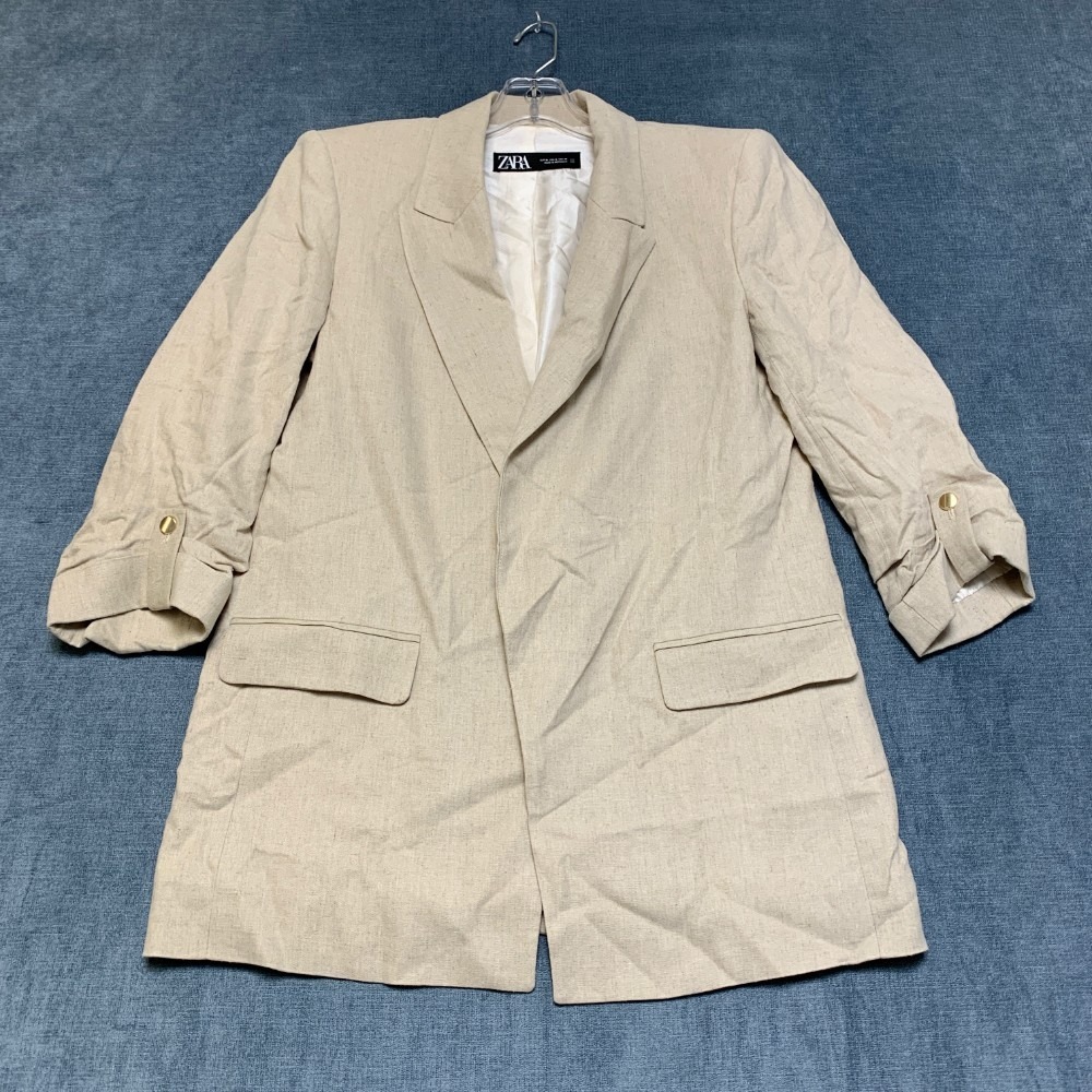 Zara Inditex Blazer Jacket Womens Medium Beige Lined Single Breasted Notch Lapel